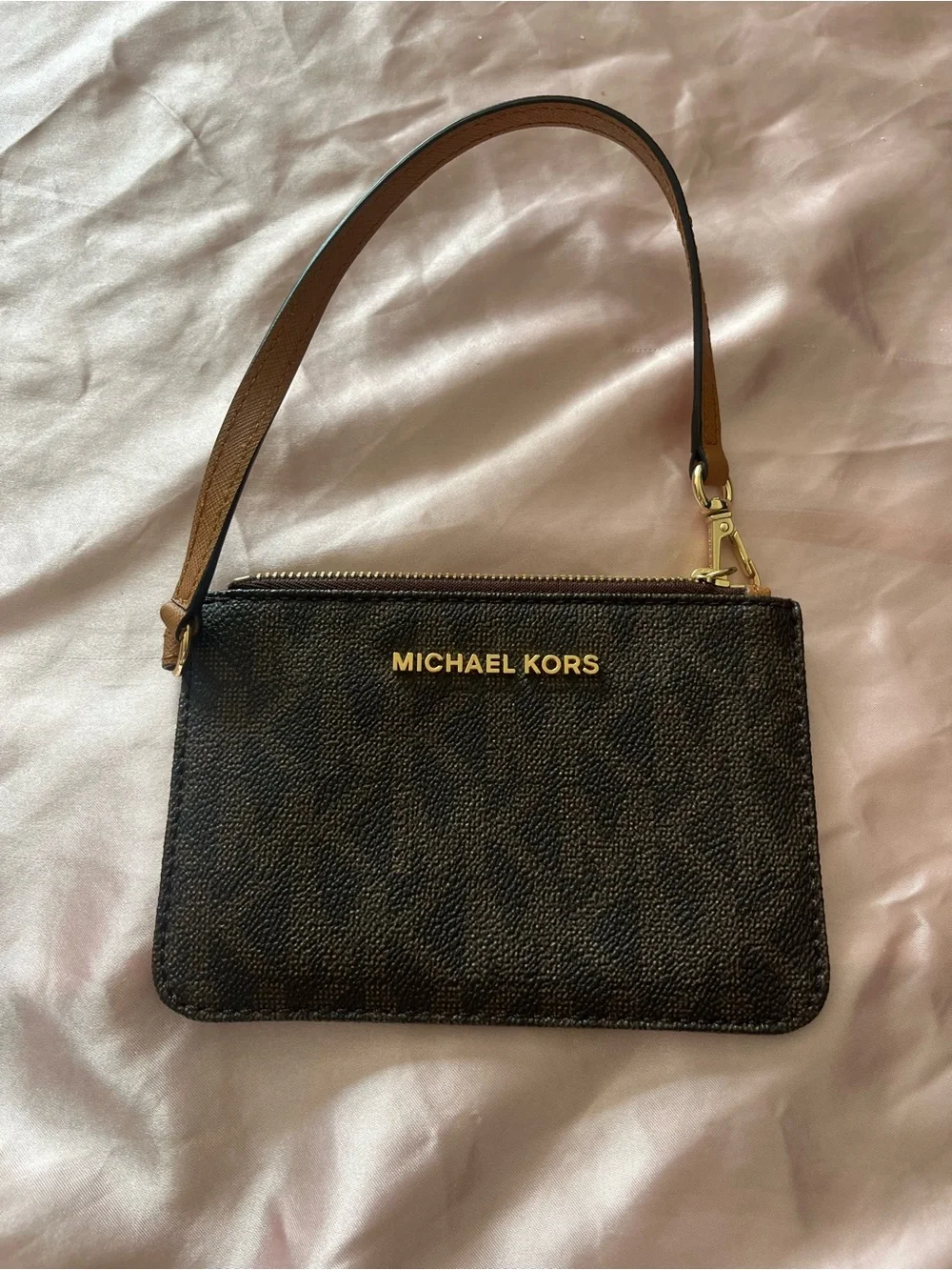 Michael Kors Brown Leather Wristlet Card Case with Gold Logo